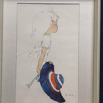 限定品】いわさきちひろ石版画「青いつば広帽子を持つ少女」